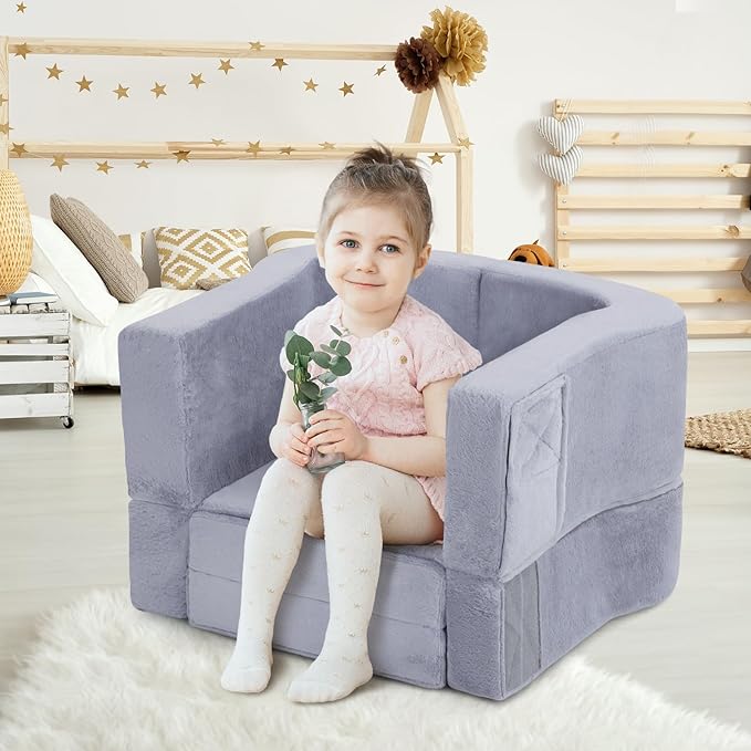 Toddler Travel Bed, 2-in-1 Foldable Portable Toddler Bed Sofa Chair, Soft Baby Kids Travel Floor Cot with Washable Covers Safety Foam Raised Bumper for Camping Hotel Sleeping (Grey)