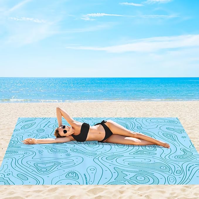 Beach Blanket Waterproof Sandproof, 78”x 86” Large Sand Free Beach Mat with 4 Stakes & Portable Bag, Big Flodable Compact Outdoor Pockets Picnic Blanket