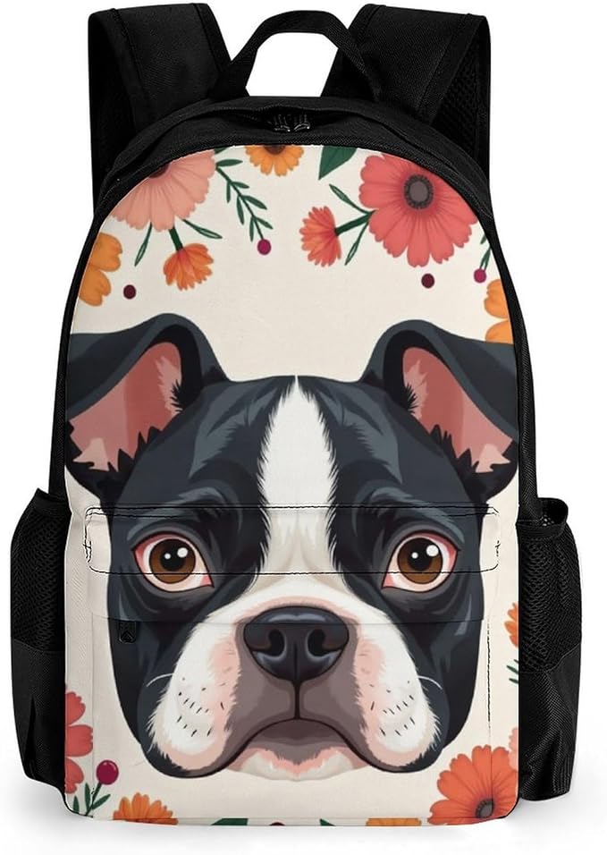 Supdreamc Polyester Daypack for Camping Travel Walking Cycling, Big Capacity Anti-Theft Multipurpose Bookbag, Boston Terrier Flower Floral Camping Outdoor Backpack
