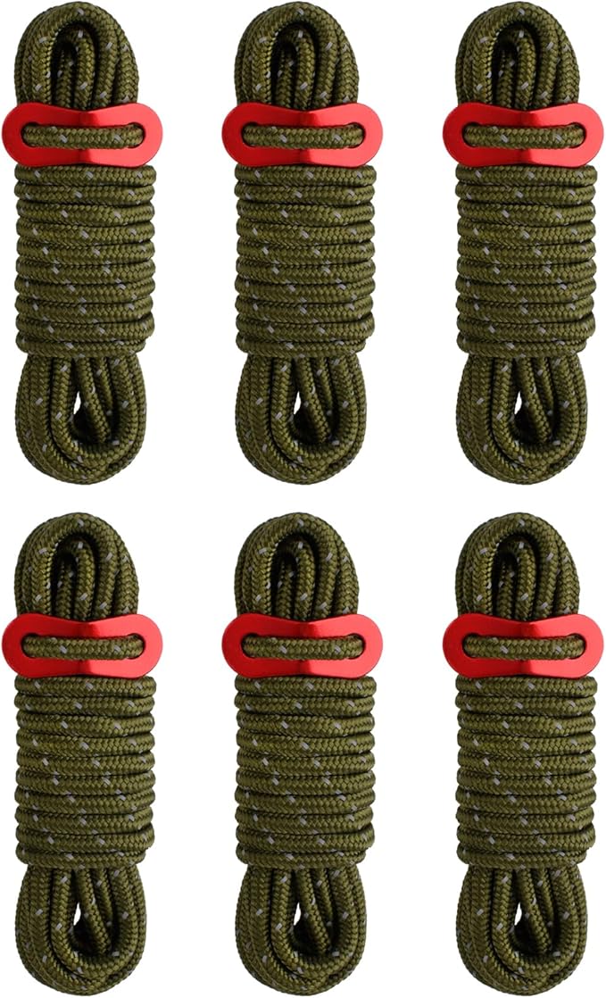 TRIWONDER 13ft Reflective Guyline, 4mm Nylon Tent Rope Paracord Cord with Guyline Adjuster for Camping Tent (Dark Green - 6 Pack)
