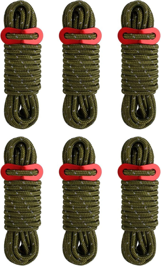 TRIWONDER 13ft Reflective Guyline, 4mm Nylon Tent Rope Paracord Cord with Guyline Adjuster for Camping Tent (Dark Green - 6 Pack)