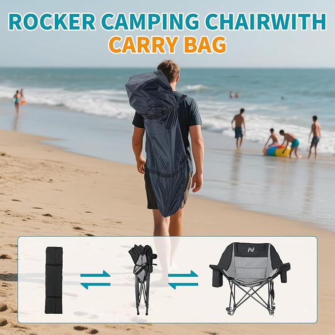 Oversized Rocking Camping Chair for Adults - Padded Recliner Rocker - Folding Lawn Chair with Cooler Bag and Pockets - Portable Rocker Chair Outdoor for Camp Patio Backyard