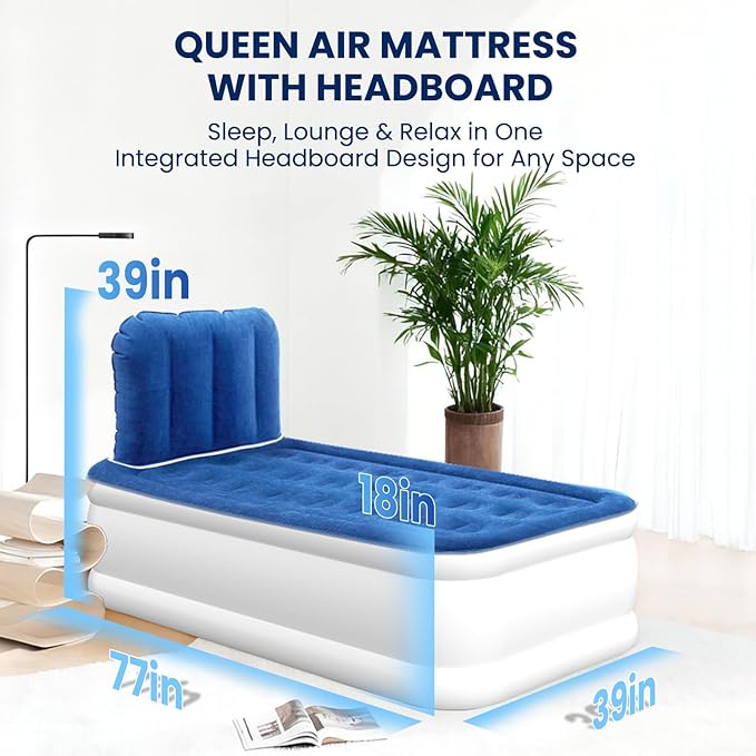 Twin Air Mattress with Headboard, Built-in Pump, 19" Raised Comfort, 48-Hour Leak-Tested Durable PVC, Quiet Design, 2.5 Min Quick Inflation & Headboard, Blow Up Bed for Home and Guests , 600 lbs Max
