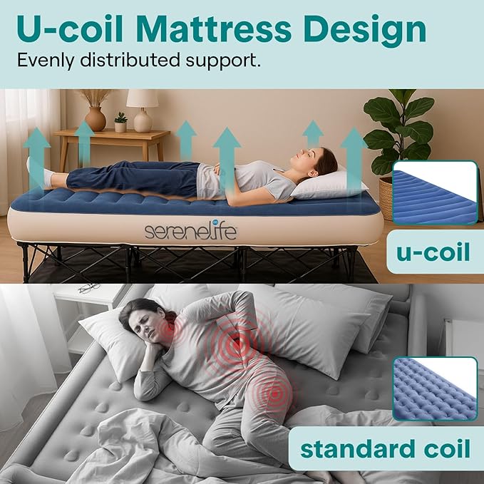 SereneLife (King) EZ Bed Air Mattress with Frame and Rolling Case - 3 Min Self Inflating Air Bed with Upgraded U-Coil Mattress and Premium Soft Flocked Top, Wall Plug AC Powered Inflate and Deflate