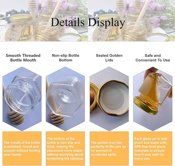IIKUM 20 Pack Glass Honey Jars, 1.5 oz Hexagon Honey Pots with Lids, Wooden Dippers, Bee Pendants, Gift Bags, Thank You Cards, Jutes and Stickers-Ideal Gift for Baby Shower, Wedding and Party Favors