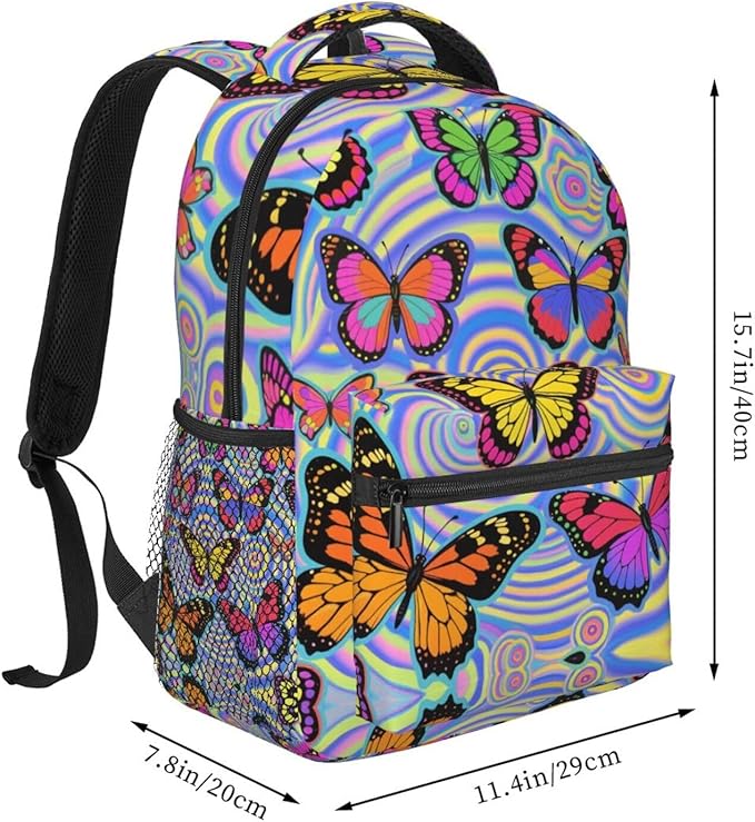 Rucksack Multipurpose Anti-Theft Big Capacity Shoulder Bag, Trippy Colorful Butterflies Art Travel Hiking Camping Rucksack With Side Pockets