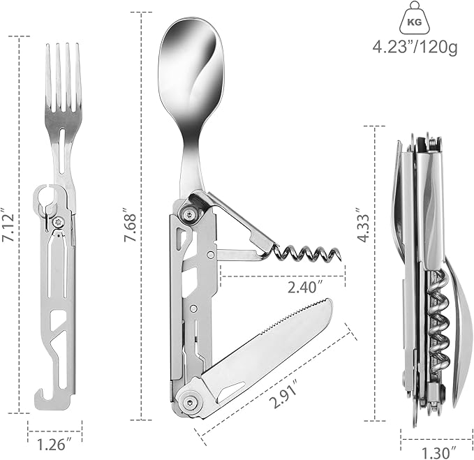Camping Utensils, 6-In-1 Detachable Stainless Steel Camping Flatware Multi-tool kits with Spoon Fork Knife Corkscrew Bottle&Can Opener, Folding Portable Cutlery Set for Travel Hiking Picnic