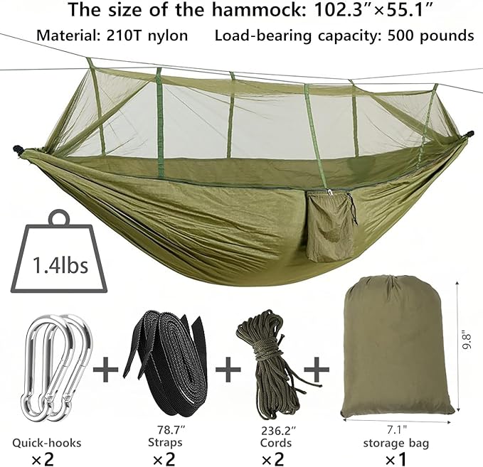 Camping Hammock, Portable Hammocks with Mosquito Net, Hammock Tent for Outside Hiking Travel Camping Gear Must Haves (Green)