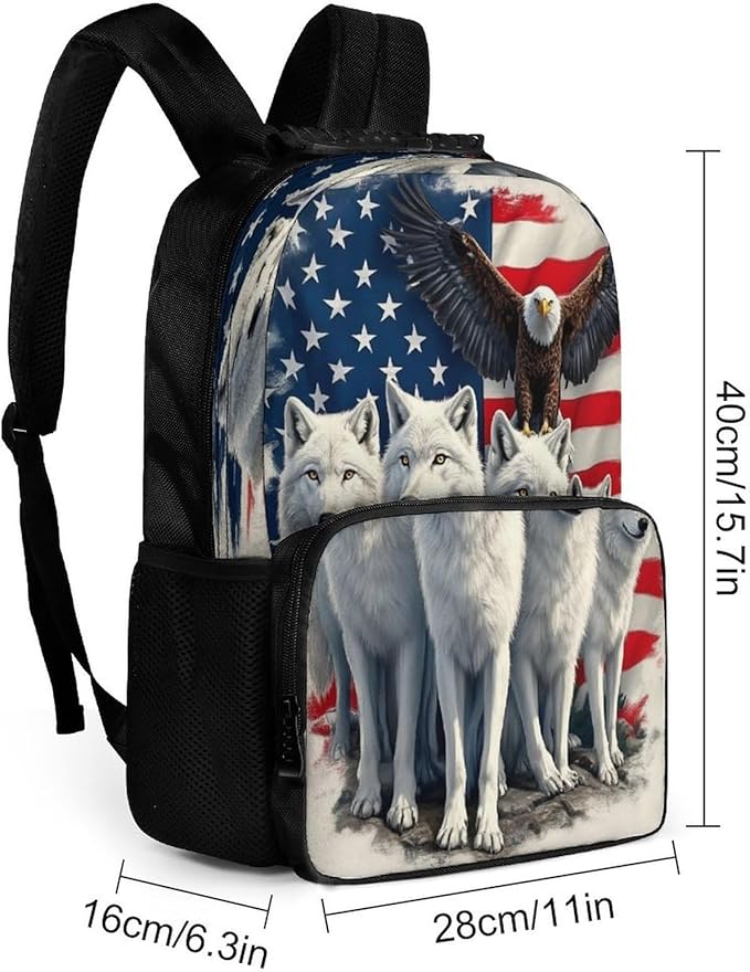 Rucksacks Polyester Anti-Theft Multipurpose American Flag Eagles Wolf Art Carry On Bag Large Capacity Gym Outdoor Hiking Backpack With Smooth Zippers