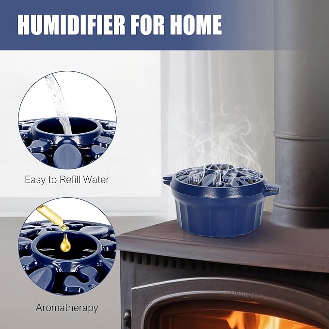 G GOOD GAIN Wood Stove Steamer - Cast Iron Round Bowl Fire Place Stove Humidifier Pot with Large Opening Top for Home Heating Decorative | Matte Finish & 2.7 Quart, Blue
