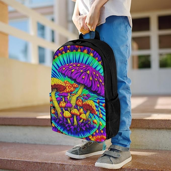 Supdreamc Men Women Polyester Psychedelic Mushrooms Tie Dye Art Backpack Large Capacity Bookbag With Smooth Zippers for Climbing Picnic Bicycle