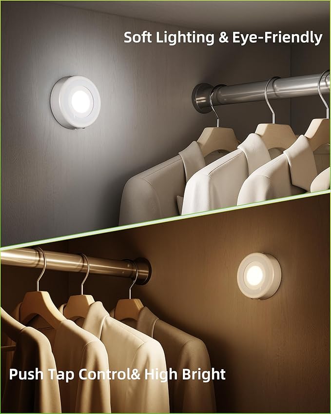EZVALO LED Puck Lights with Charging Station, Rechargeable Sitck On Tap Lights, Wireless Closet Light, 3 Color Temps, Under Cabinet Lights, 2.5'' Mini Touch Light for Kitchen,Pantry,Shelves(4 Pack)
