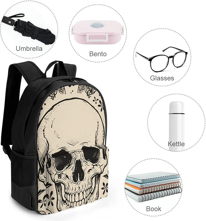 Backpack Multipurpose Anti-Theft Large Capacity Bookbag, Halloween Raven Goth Skulls Art Travel Hiking Daypack With Side Pockets