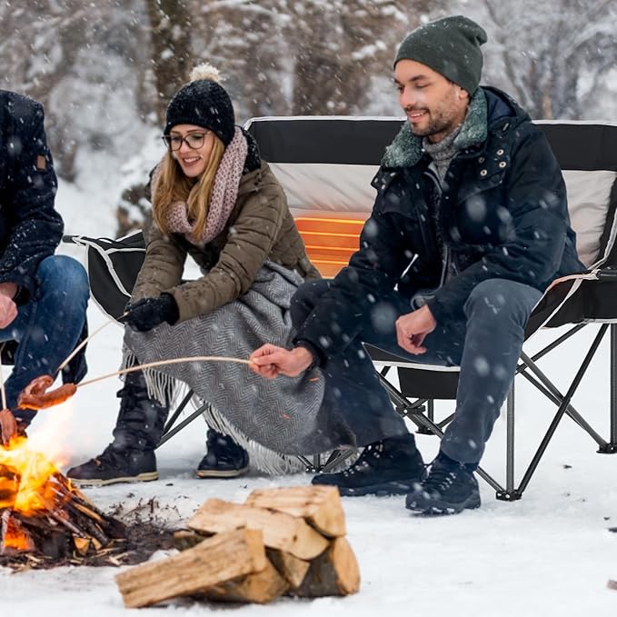 CDEN Heated Camping Chair with Battery, Padded Chair, Oversized Camping Loveseat, Double Camping Chairs, with Cup Holder, Cooler Bag, Wine Holder, Dual Power Banks Included(Black & Gray)