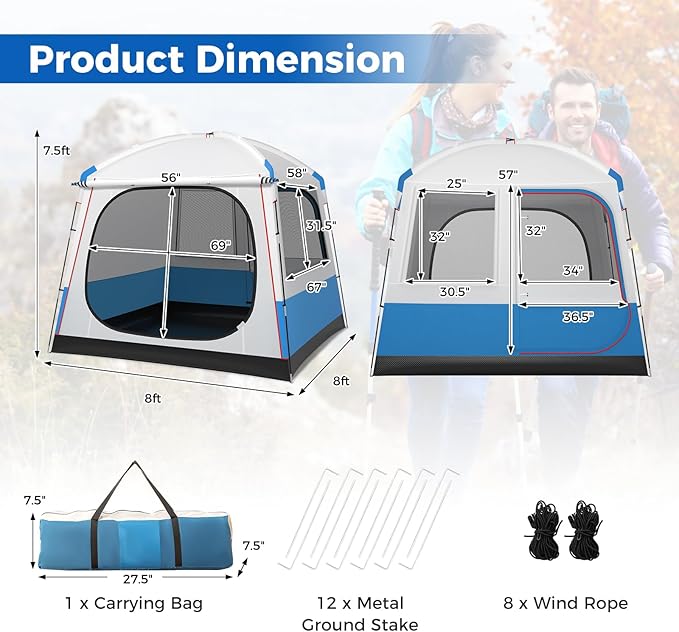 Goplus 3-5 Person Camping Tent, Portable Cabin Shelter w/Large Double-Layer Mesh Front Door, Mesh Screen Windows, Carry Bag, Waterproof & Windproof Large Family Tent for Backpacking Hiking Trip