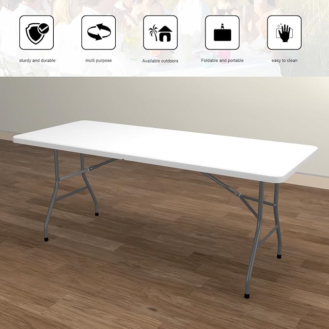 70.8" W X 29" D X 29" H - 6 ft Folding Table White Portable Heavy Duty Plastic Fold-in-Half Utility Foldable Table for Camp，Picnic & Party