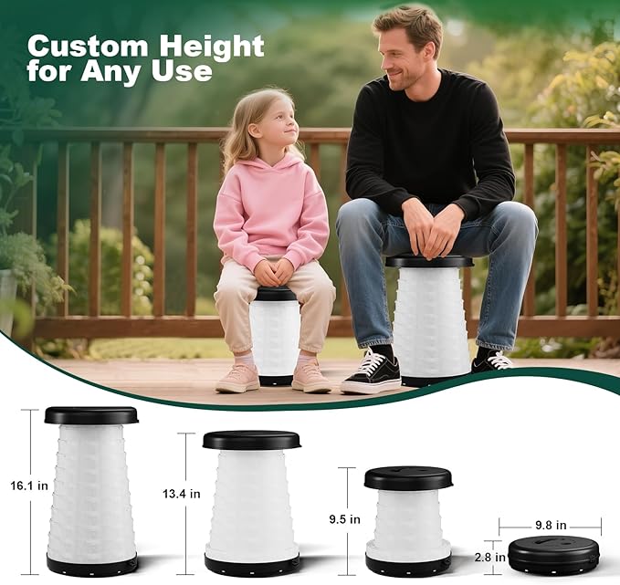 Collapsible Camping Stool with Lights (5 Colors, 3 Modes), Holds up to 400 lbs & Adjustable Height (10 Levels), Portable Folding Chair Stool Seat for Fishing, Parties, Hiking, Travel, Outdoor Events