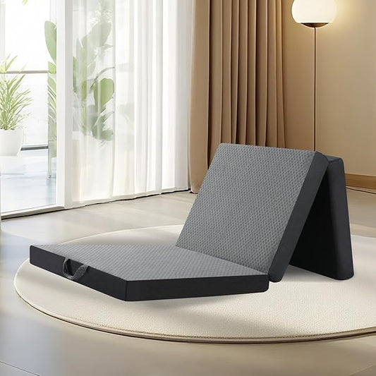 Tri Folding Mattress Single Size - Memory Foam Tri-fold Handle & Non-Slip Bottom, Portable Foldable Sofa Bed Floor Chair for Travel RV Camping Guest Yoga - 4 Inch, 75"x25"x4"
