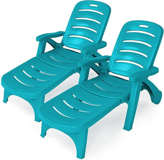 Tangkula Outdoor Chaise Lounge Chair, Adjustable 5-Position Recliner Chair with Built-in Wheels, Weather-Resistance Folding Lounge for Patio, Backyard, Poolside and Beach (2, Turquoise)