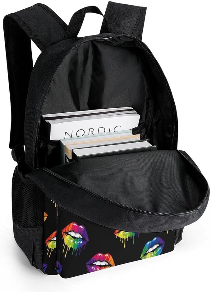 Polyester Daypack Backpack for Climbing Outdoors Running, Big Capacity Multipurpose Anti-Theft Bookbag, Lgbt Gay Homosexual Lesbian Rainbow Lips Pride Travel Hiking Camping Rucksack