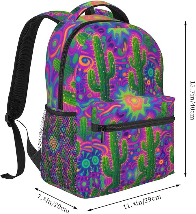 Men Women Polyester Psychedelic Cactus Art Casual Daypack Large Capacity Carry On Bag With Adjustable Shoulder Straps for Camping Work Running