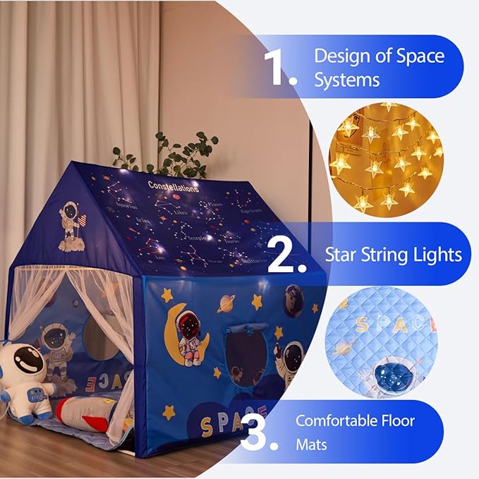 Space Rocket Ship Kids Tent with Mat for Boys & Girls Aged 3+ Toddler for Indoor Outdoor Playhouse Tent Set Sizes 47×46.8×38.1In,Washable