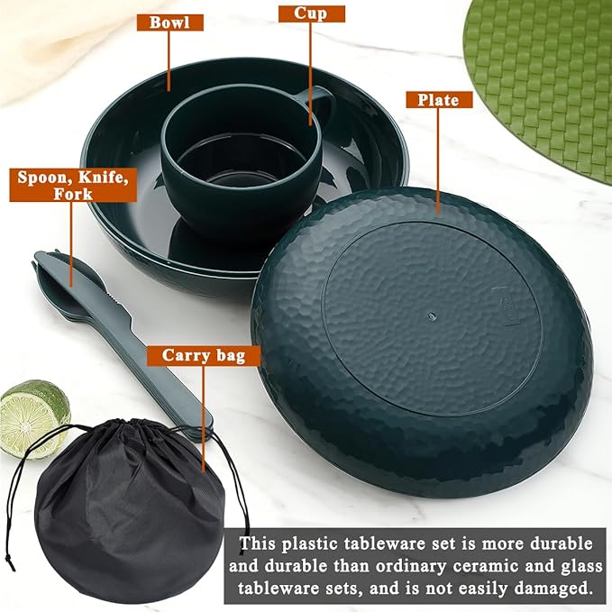 Berglander Camping Mess Kit with Bowl, Plate, Cup, Spoon, Fork, Knife and Carry Bag, Plastic Camping Accessories Essentials Gear for Travel, Camping, Picnic, Outdoor, Easy to Carry & Store