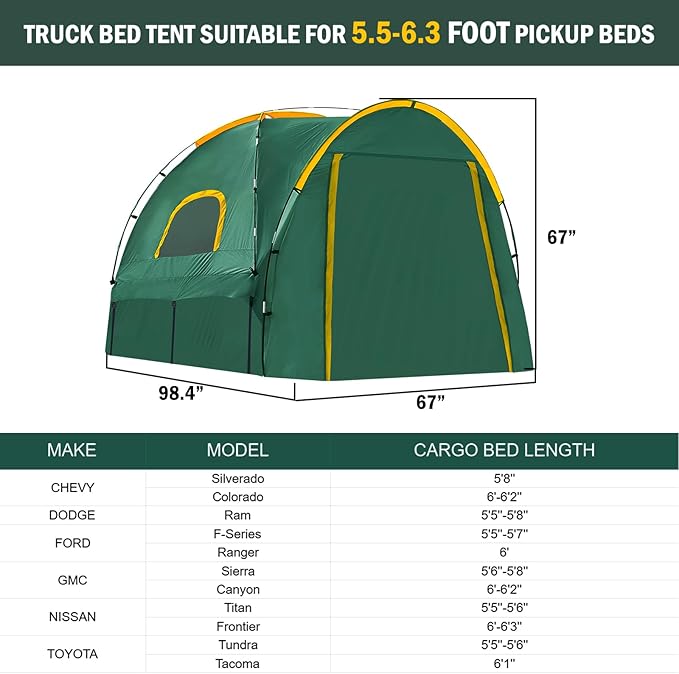 Pickup Truck Tent with Awning Shade,Waterproof PU5000mm Oxford for 5.5-6.3 FT Truck Bed for Camping Travel Outdoor Activities for Chevy Silverado 1500,Ram 1500/Dakota,F150,GMC 1500,Titan,Tundra(Green)