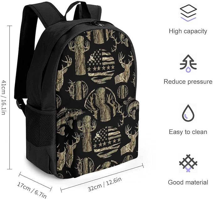 Lightweight Daypack Bookbag for Trekking Business Walking Cycling, Big Capacity Anti-Theft Multipurpose Carry On Bag, Hunting Deer Bass Camo Camouflage American Flag Black Business Computer Bag