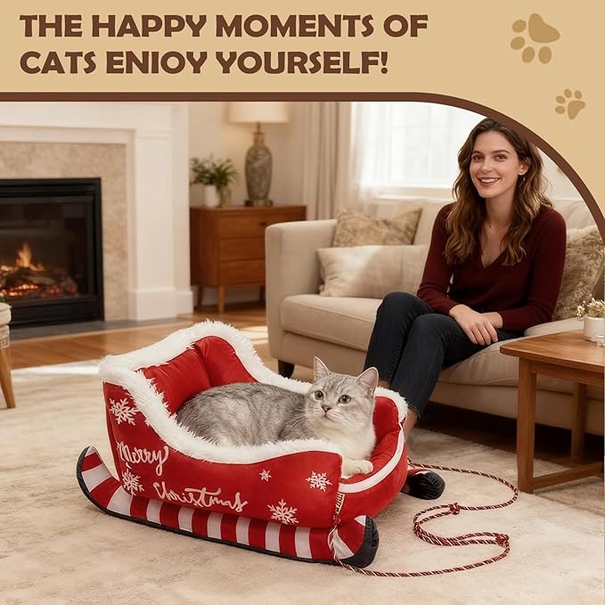 Christmas Sleigh Dog Cat Beds, Christmas Themed Pet Sleigh Bed, Festive Insulated Nest for Winter Holiday Puppy Animal Calming Sleeping Kitten Cold Weather Nights Indoor Rest