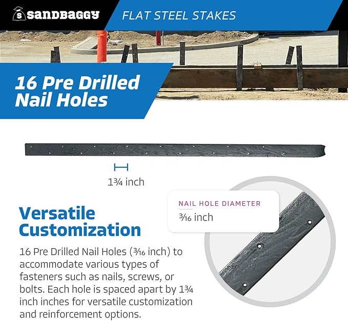 Sandbaggy Flat Steel Stakes for Concrete Forms with Nail Holes - 1.5" Wide - Painted - Removable, Reusable, V Point End - Construction Grade Stakes (120, 36 inch)