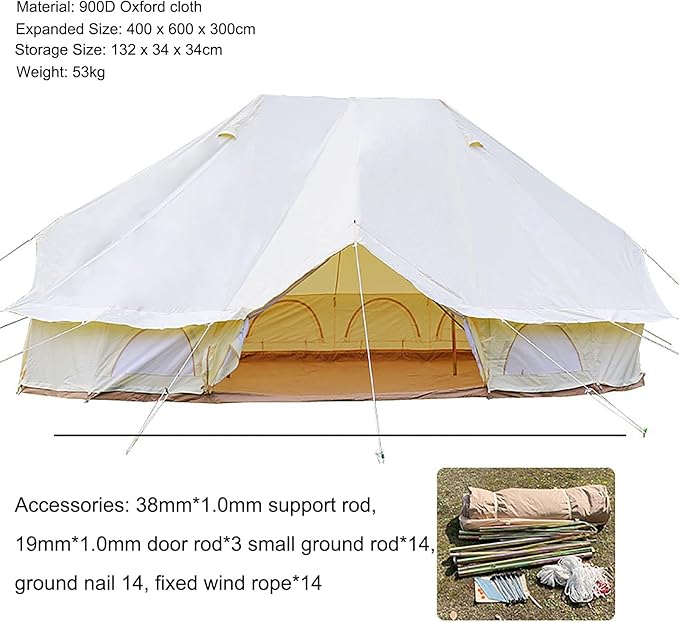 GeRRiT 900D Oxford Cloth Bell Tent, Outdoor Waterproof Yurt Bell Tent, Family Glamping Tents, 4 Season Outdoor Camping Tent, Three Doors and Six Windows, UPF50 UV Resistant, 1