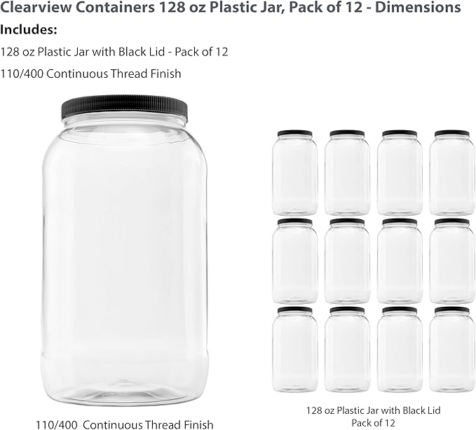 Plastic Storage Jars with Leak Proof Lids, BPA Free, Hand Wash Only (128oz, 12PK Black)
