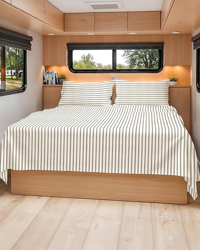 RV Short Queen Sheet Set 60 X 75 - 4 Piece RV Short Queen Bed Sheets - Soft, Breathable & Cooling - Designed for Bunks, Trailers & Campers - Fits 8” to 12" Mattress - Luxury Bedding - Beige Stripes 2