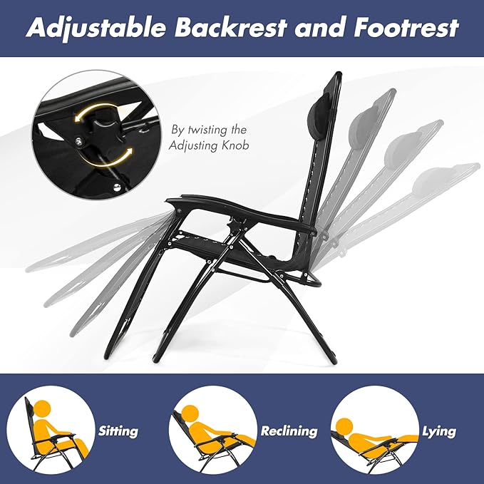 S AFSTAR Zero Gravity Chairs Set of 2, 3 PCS Folding Lawn Chair Set With Side Table Cup Holders & Adjustable Headrest, Reclining Patio Chairs, Lounger for Patio Poolside