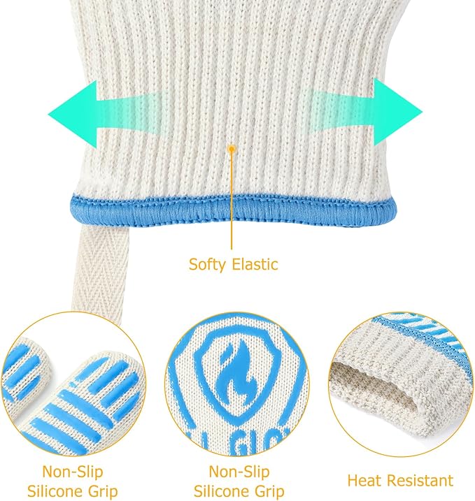QUWIN BBQ Gloves, Oven Gloves 1472℉ Extreme Heat Resistant, Grilling Gloves Silicone Non-Slip Oven Mitts, Kitchen Gloves for BBQ, Grilling, Cooking, Baking-1 Pair… (Blue, One Size(Long Cuff))
