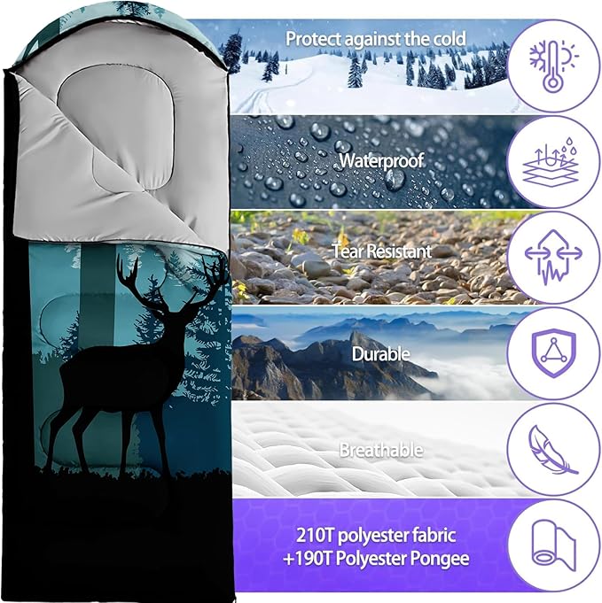 Sleeping Bags for Adults Youth Kids,3D Printing Camping Sleeping Bag for Girls Boys Lightweight Waterproof Cold/Warm Weather Sleeping Bag for 3 Seasons