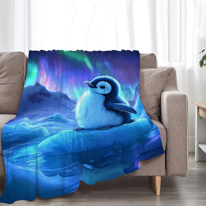 Cute Penguin Blanket Aurora Starry Night Animal Throw Blankets Gifts for Girls Boys Kids Penguin Lover Soft Cozy Fleece Plush for Couch Sofa Bed 60"x50"