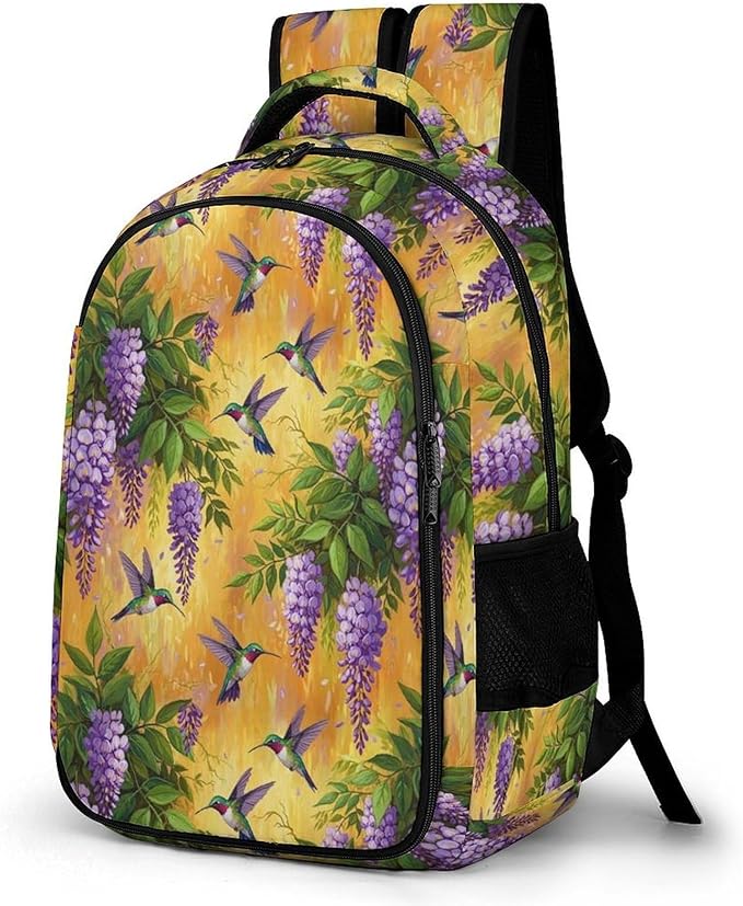 Personalized Business Backpack Purple Flowers And Hummingbird, Large Capacity Laptop Backpack with Organized Compartments for Work