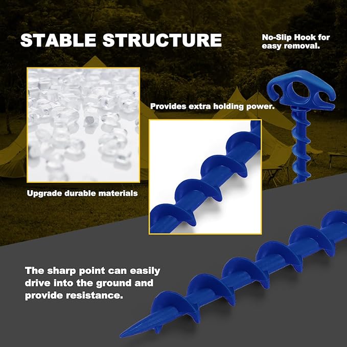 Tent Stakes Ground Anchors Screw in, 6 Pack Sand Stakes for Beach 9.4 Inch Heavy Duty Spiral Tent Pegs for Camping, Party, Hiking, Outdoor Decoration (6, Blue)