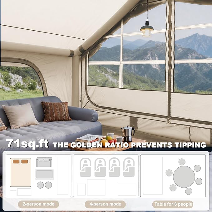 Inflatable Camping Tent,2/4/6/8 Person Glamping Inflatable Tents with Awning, Quick Setup Blow Up Tents with Pump, Waterproof Oxford Inflatable House for Camping, Air Glamping Hot Tents for Adult
