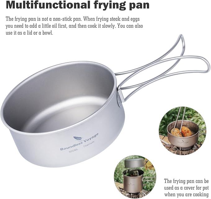 iBasingo Backpacking Cookset Titanium Camping Pots Set Ultralight Outdoor Picnic Pots Pans with Folding Handle Druable Portable Cooking Mess Kit Compact Picnic Dishes Bowls Cups (Multiple Sizes)