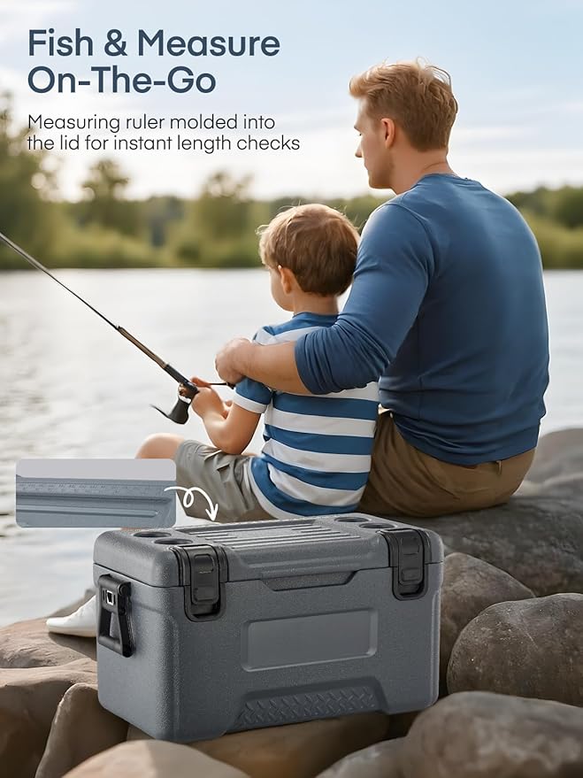 Cooler, Portable Hard Cooler with Dual Latches, Insulated Ice Chest with Swing-up Side Handles, Molded Ruler＆Cup Holders, Coolers Keeps Cool for 3+ Days, Camping Fishing Road Trips Beach, 47.5 QT
