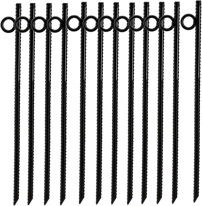 12 Pack 16 Inch Ground Stakes Heavy Duty, Black Steel Ground Anchors with Loop, Reusable Tent Rebar Tent Stakes for Sheds Outdoor Camping Walkway Fence