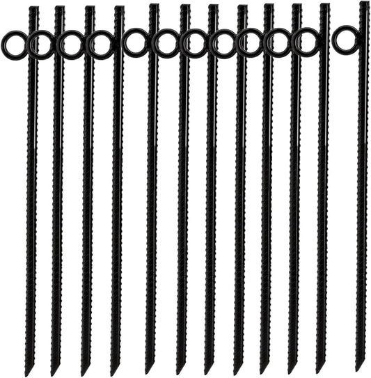 12 Pack 16 Inch Ground Stakes Heavy Duty, Black Steel Ground Anchors with Loop, Reusable Tent Rebar Tent Stakes for Sheds Outdoor Camping Walkway Fence
