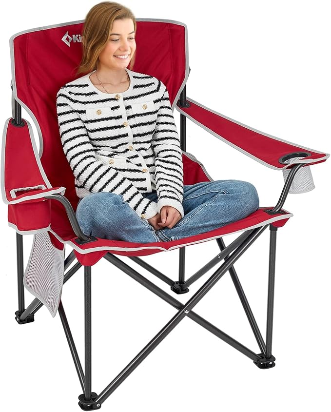KingCamp Oversized Camping Chair, Portable Folding Outdoor Chairs with Comfortable Padded Seat, Side Pocket and Cup Holder for Fishing, Tailgates, Beach, Lawn, RED