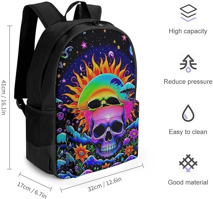 Men Women Polyester Psychedelic Skull Sun And Moon Neon Art Daypack Bookbag Big Capacity Shoulder Bag With Padded Straps for Climbing Travel Walking Cycling
