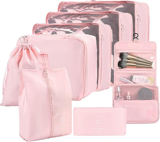 8 Set Compression Packing Cubes for Travel Essentials,Suitcase Organizer Bags, Carry-On Luggage Accessories with Laundry & Toiletry Bag, Road Trip & Camp Gifts for Men and women（pink）