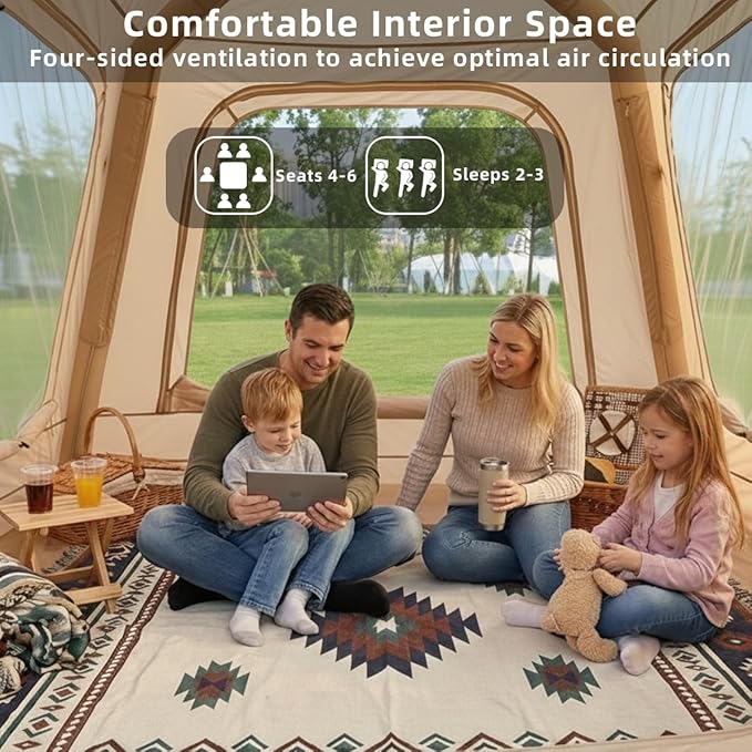 Inflatable Tent for Camping, Blow Up Waterproof Oxford Cabin Tents with Hand Pump, Easy Setup 4 Season Air Tent, Luxury Outdoor Glamping Windproof Tents 2-4 Person