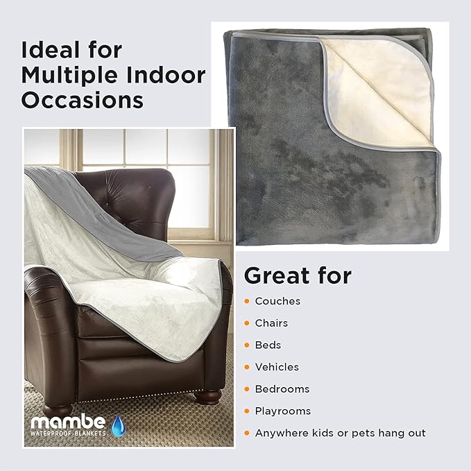 Mambe Silky Waterproof Throw for Protecting Furniture Bed Couch from Stains Caused by Dogs, Cats, Incontinence. Soft, Washable, Reversible. (Size Long/Sofa 70x120 inches, Color Buff/Dove)